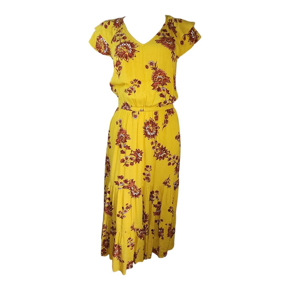 Old Navy‎ Dress Womens Size XS Yellow Red Floral Boho Cottagecore Maxi Tiered